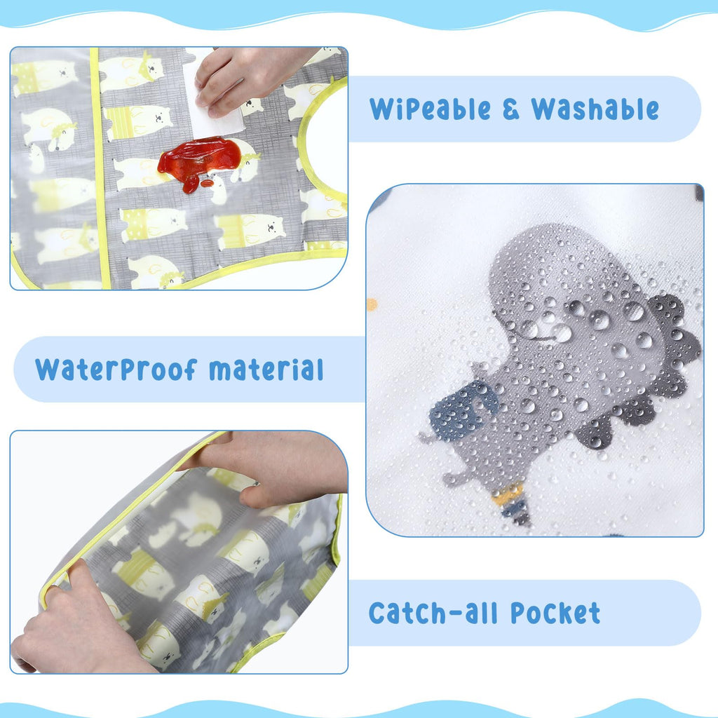 Jeyiour 12 Pcs Baby Waterproof Bibs with Food Catcher Adjustable Snaps Plastic Feeding Bibs for Toddlers, 6 to 36 Months