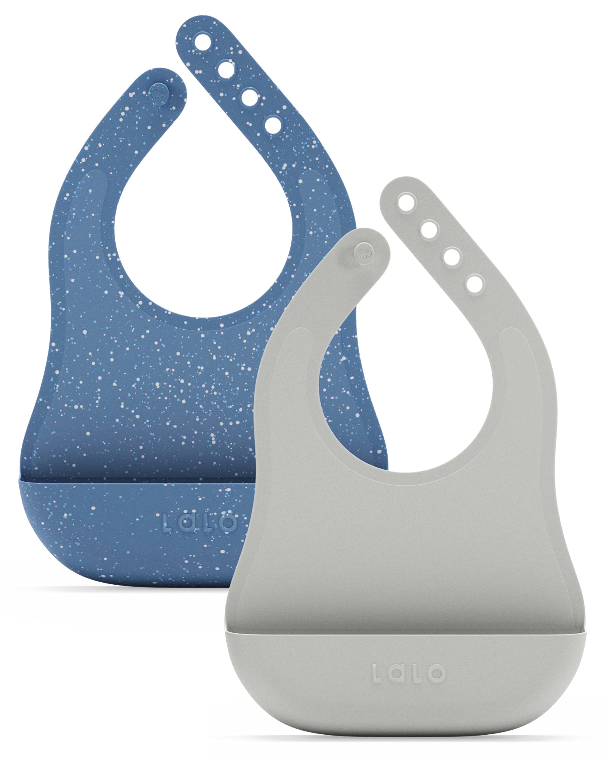 Lalo The Bib - Waterproof, Non-Toxic Silicone Baby Bib with Adjustable Neck Band & Silicone Food Pouch Catcher, Set of 2 - Blueberry