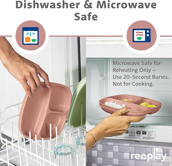Re-Play Toddler Plates with Dividers - Deep-Walled 3 Compartments Divided Plates for Kids with 3 Lids - Dishwasher & Microwave Safe - Made in USA - Set of 3-7.37" x 7.37" x 1.25" - Desert Roses