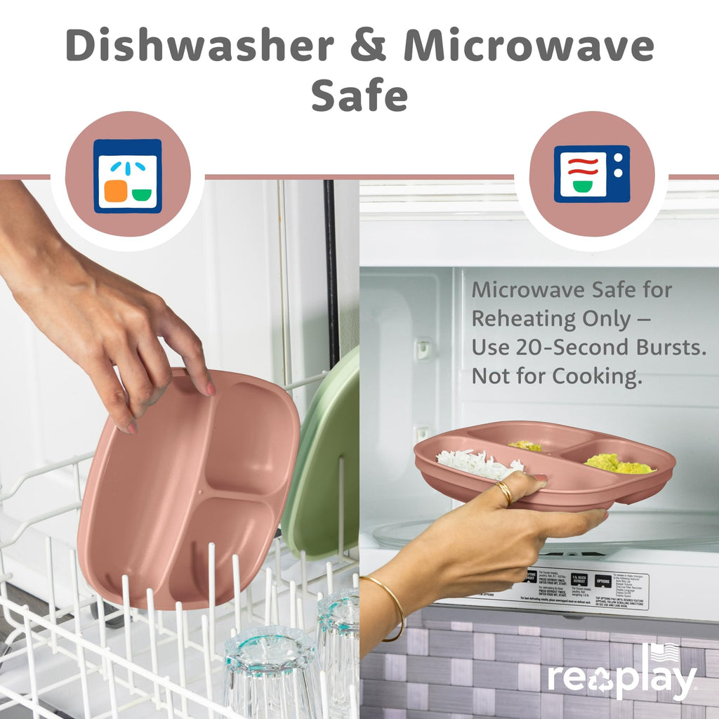 Re-Play Divided Toddler Plates Set of 3 - Deep-Walled 3 Compartment Kids Plates for Picky Eaters - Dishwasher & Microwave Safe - BPA-Free - Made in USA, Desert Roses