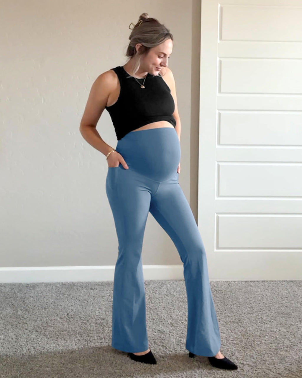 G4Free Maternity Dress Pants Yoga with Pockets,Blue Gray,XL,Extra Tall