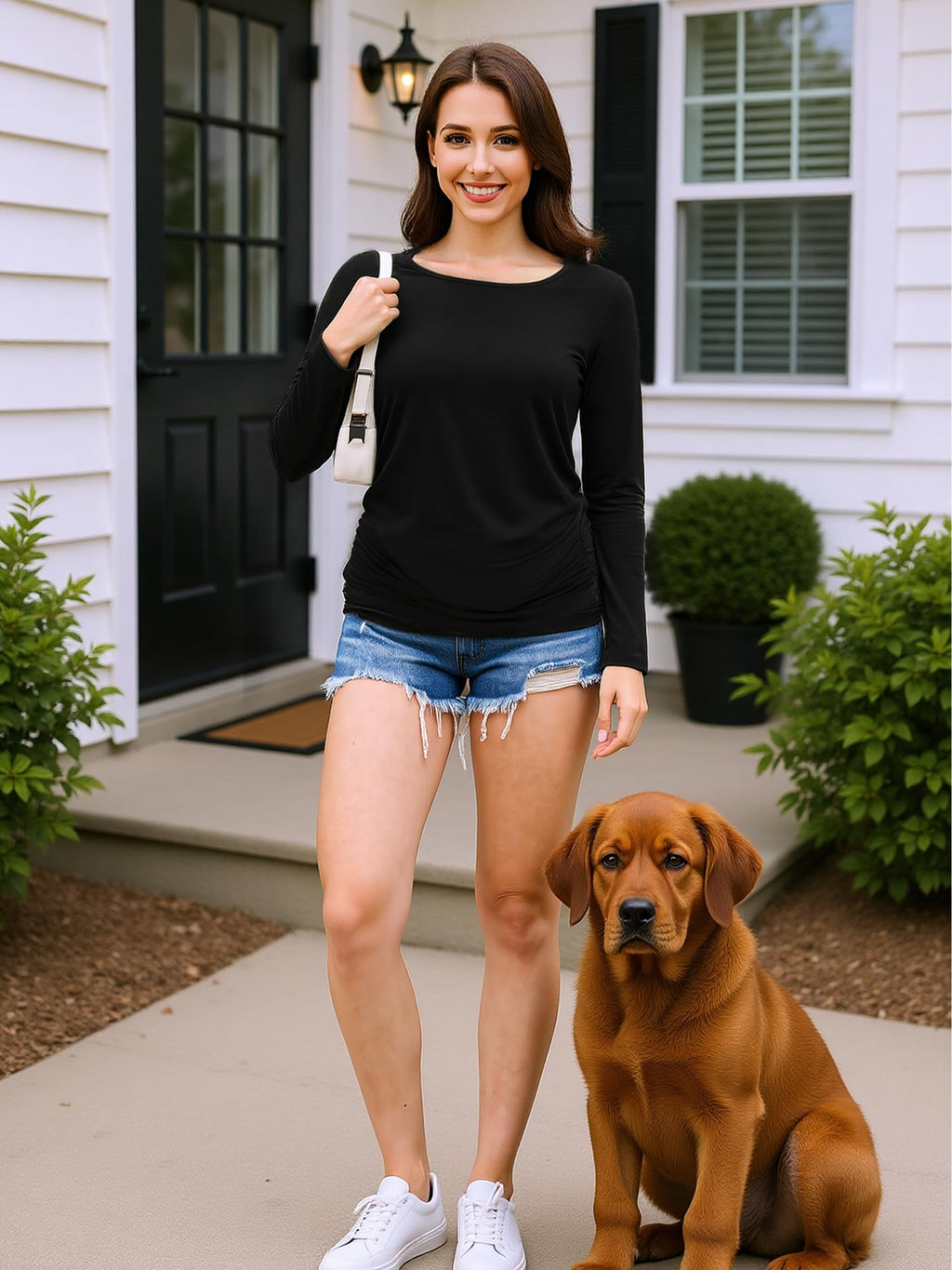 MIRAZEN 2 Pack Maternity Shirts Long Sleeve Crew Neck, Black/White, L