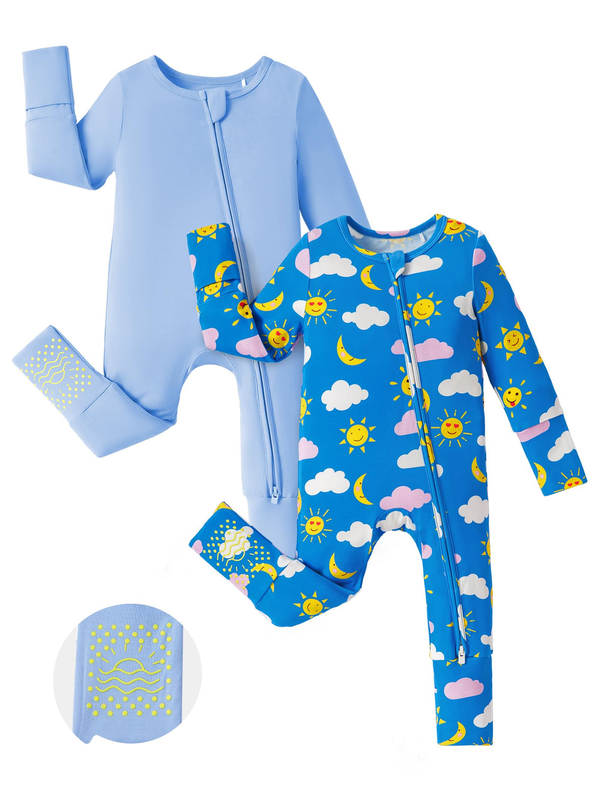 PATPAT 2-Pack Bamboo Viscose Baby Footie, with Anti-Slip Grips Blush Lemon 12-18 Months