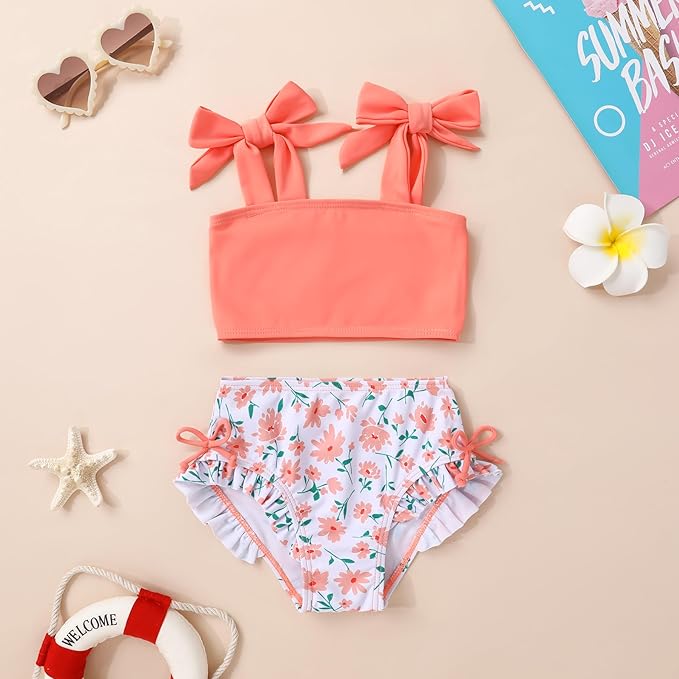 Toddler Swimsuit Girl Color Block Stripe Swimwear Baby Girl Summer Beach Bathing Suits Bikini Set with Ruffled Edges
