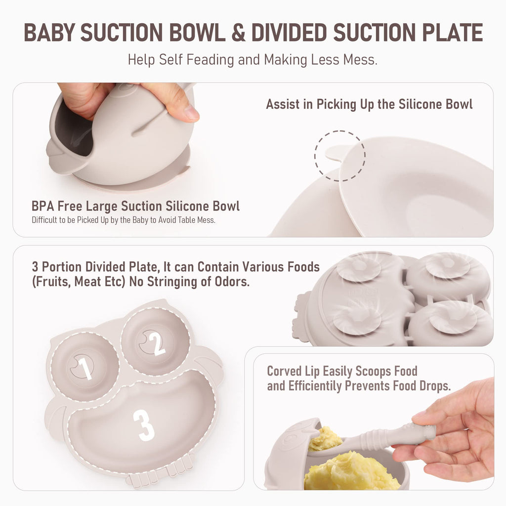 Bnditeu Baby Weaning Set - Silicone Toddler Feeding Set (10 Pcs) with Adjustable Bib, Suction Bowl, Plate, Fork, Spoon, Water & Snack Cup Kit - Baby Led Weaning Kit