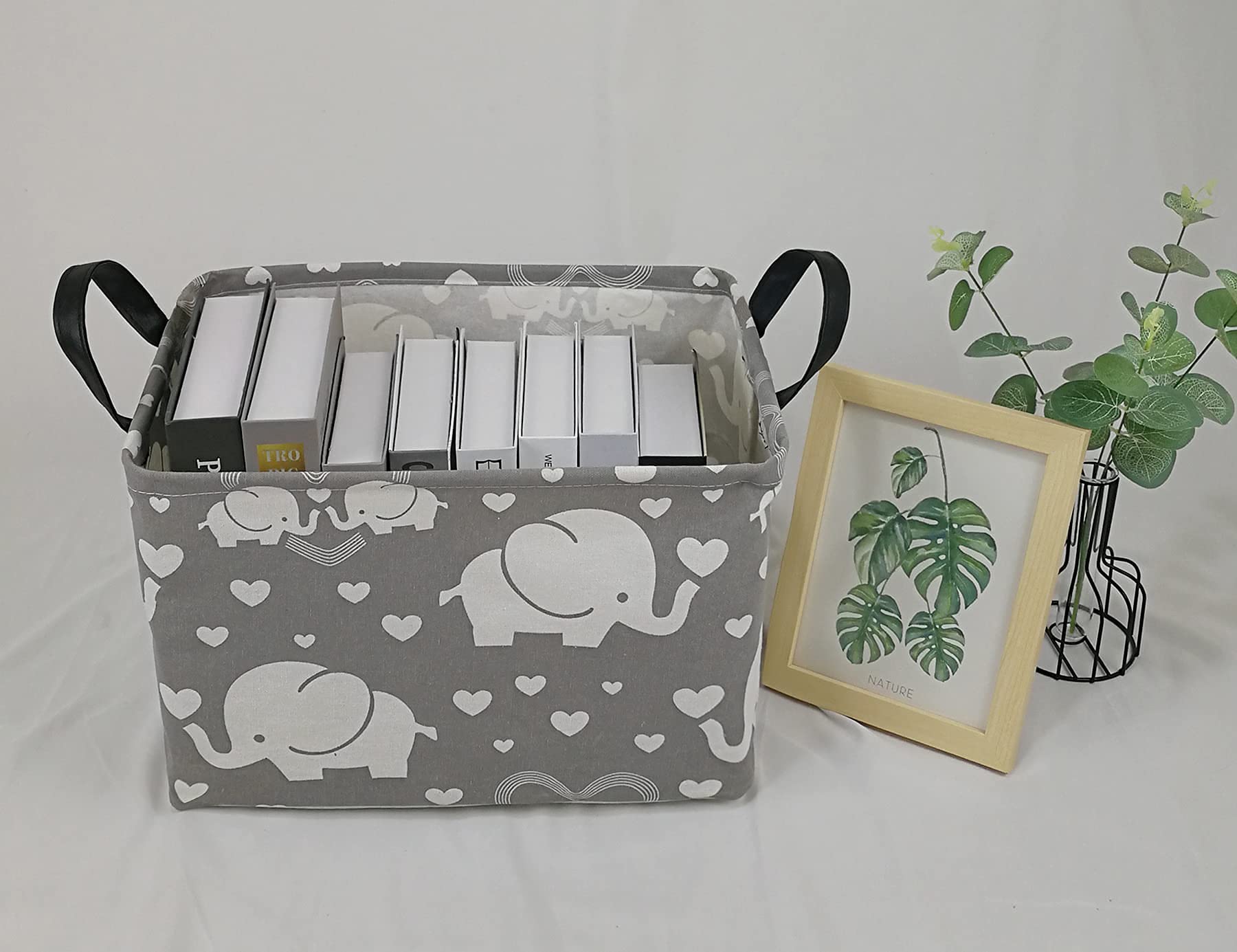 DUYIY Storage Basket Home Shelf Basket Kids Organizer Box Clothes Laundry Hamper Nursery Bin Gift Laundry Basket with Handles for Home (love elephant)