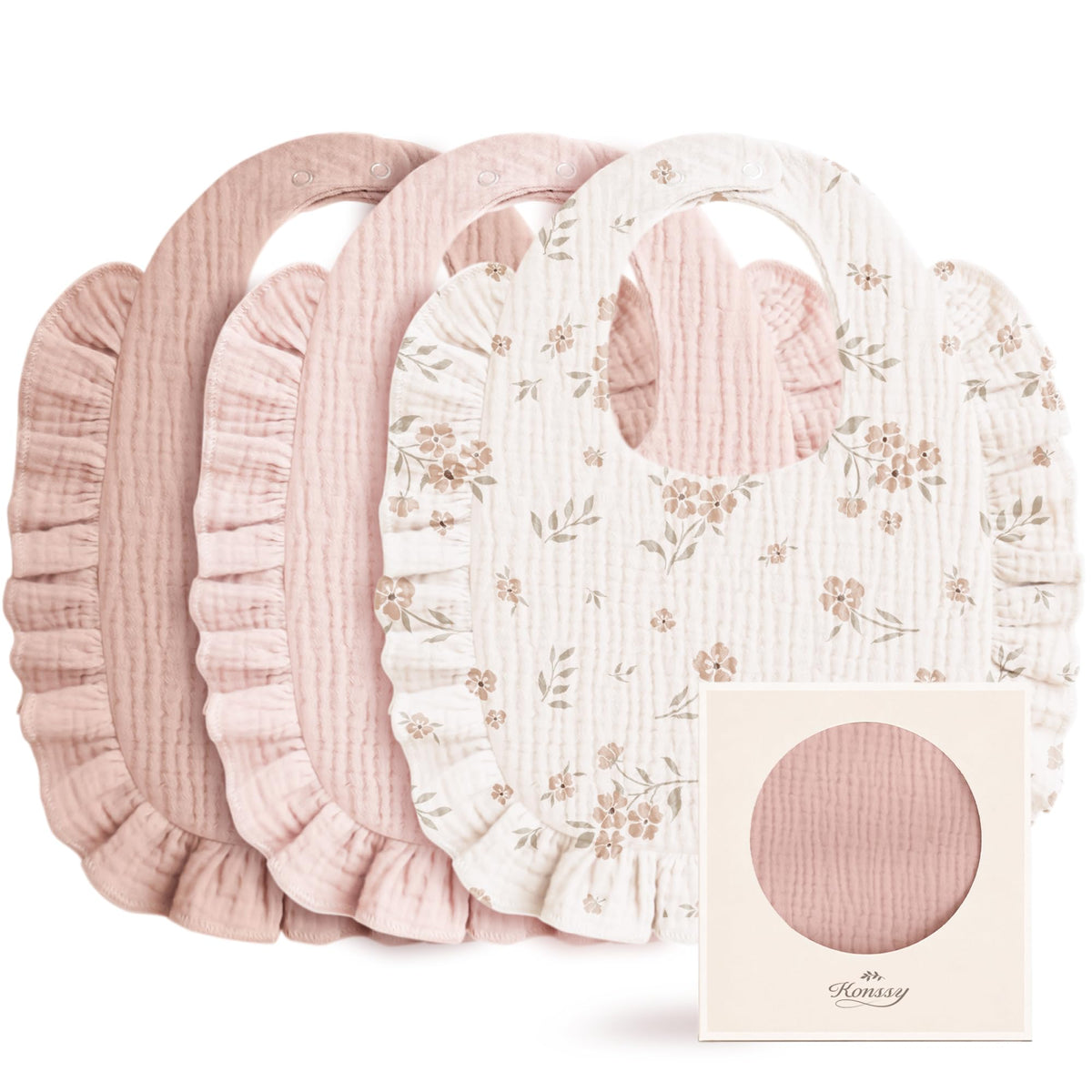 Konssy 3-Pack Muslin Baby Girl Bibs, 100% Cotton with Ruffle Trim