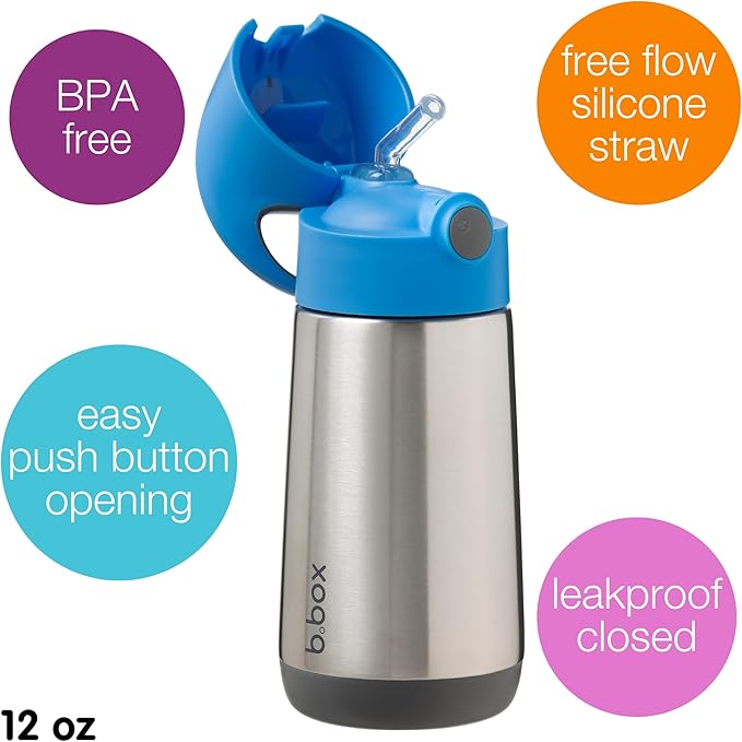 b.box 12 oz Insulated Water Bottle - Keeps Drinks Cold 8 Hours, Warm 6 Hours, Triple Wall Stainless Steel Kids Water Bottle w/Free Flow Silicone Straw, Leakproof & Dishwasher Safe