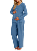 OUGES Maternity Nursing Pajamas Lounge Sets Postpartum Outfits for Women 100% Cotton Blue Button Down V Neck Breastfeeding Sleepwear Set Maternity Clothes Top & Long Pants with Pockets(Blue,XL)