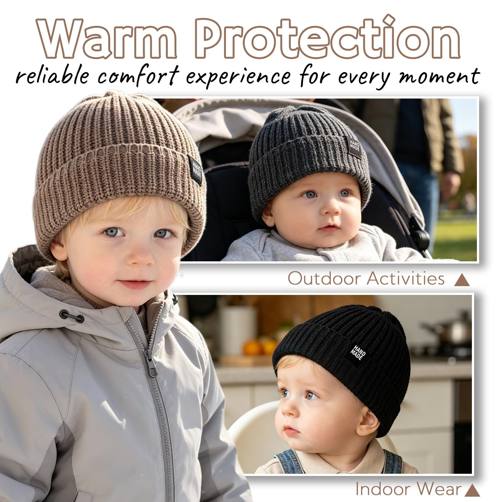 JANGANNSA Simple Knitted Baby Beanie Hip-Hop Boys Winter Hat Toddler Kids Bonnet for Girls 0-5Y (Black+Khaki+Gray, S)