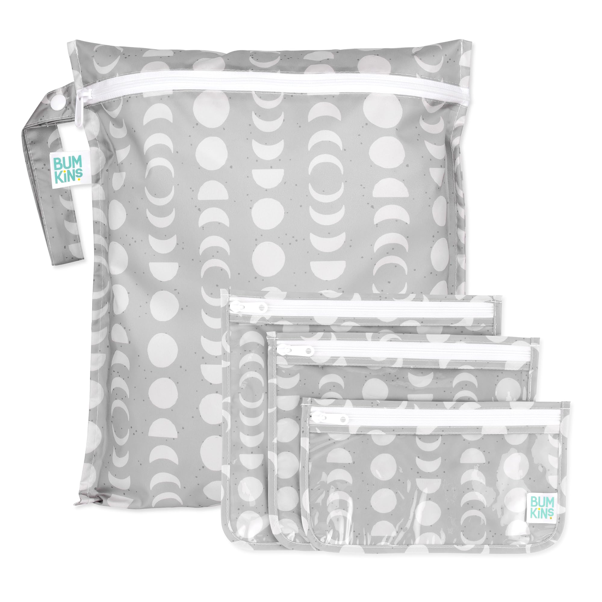 Bumkins - Waterproof Wet Bag & Clear Travel Bags - For Beach, Baby, Travel, Swim Suit, Cloth Diapers, Pump Parts, Pool, Gym, Toiletries - Reusable & Easy to Clean - Lunar Gray - 4 Pack