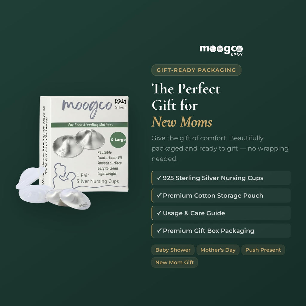 MOOGCO The Original Silver Nursing Cups - Nipple Shields for Nursing Newborn - Breastfeeding Essentials - Newborn Essentials Must Haves - Nipple Covers Breastfeeding - 925 Silver (X-Large)