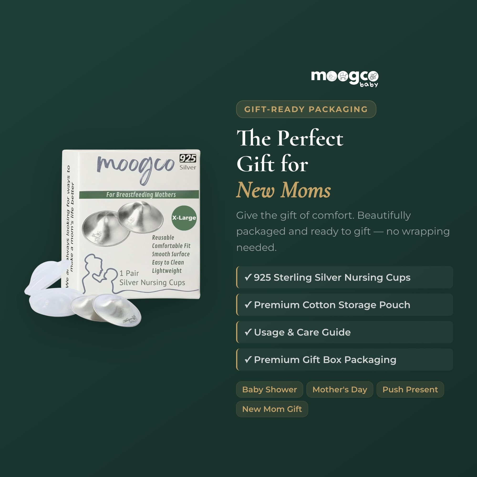 MOOGCO The Original Silver Nursing Cups - Nipple Shields for Nursing Newborn - Breastfeeding Essentials - Newborn Essentials Must Haves - Nipple Covers Breastfeeding - 925 Silver (X-Large)