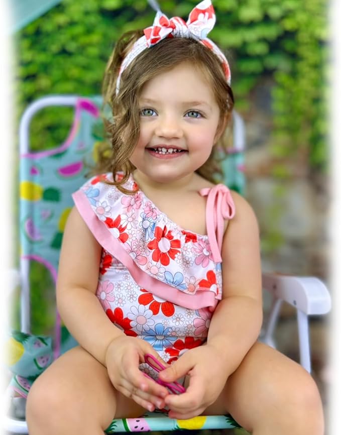 6 Month Baby Girls One Piece Ruffle Swimsuits Infant Floral Bathing Suit Off Shoulder Flower Swimwear Swimming Beach Wear with Headband 6-12 Months