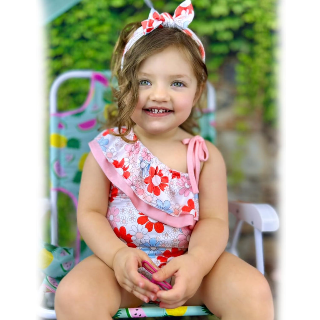 6 Month Baby Girls One Piece Ruffle Swimsuits Infant Floral Bathing Suit Off Shoulder Flower Swimwear Swimming Beach Wear with Headband 6-12 Months