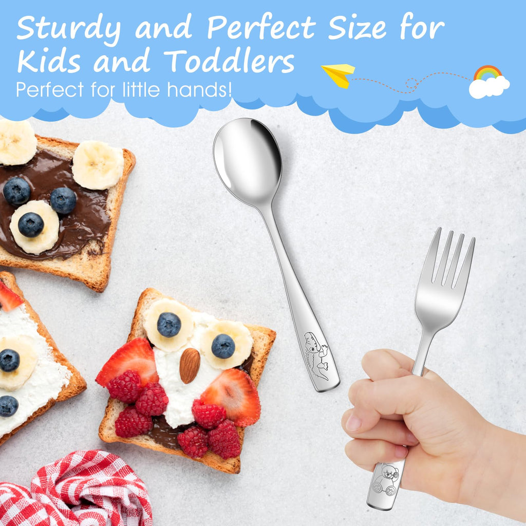 AUOIKK 14-Piece Toddler Flatware, Kids Utensils Stainless Steel Cutlery Set, Children Safe Spoons and Forks with Ergonomic Handle, Easy to use and Dishwasher Safe (Crocodile and Bear)