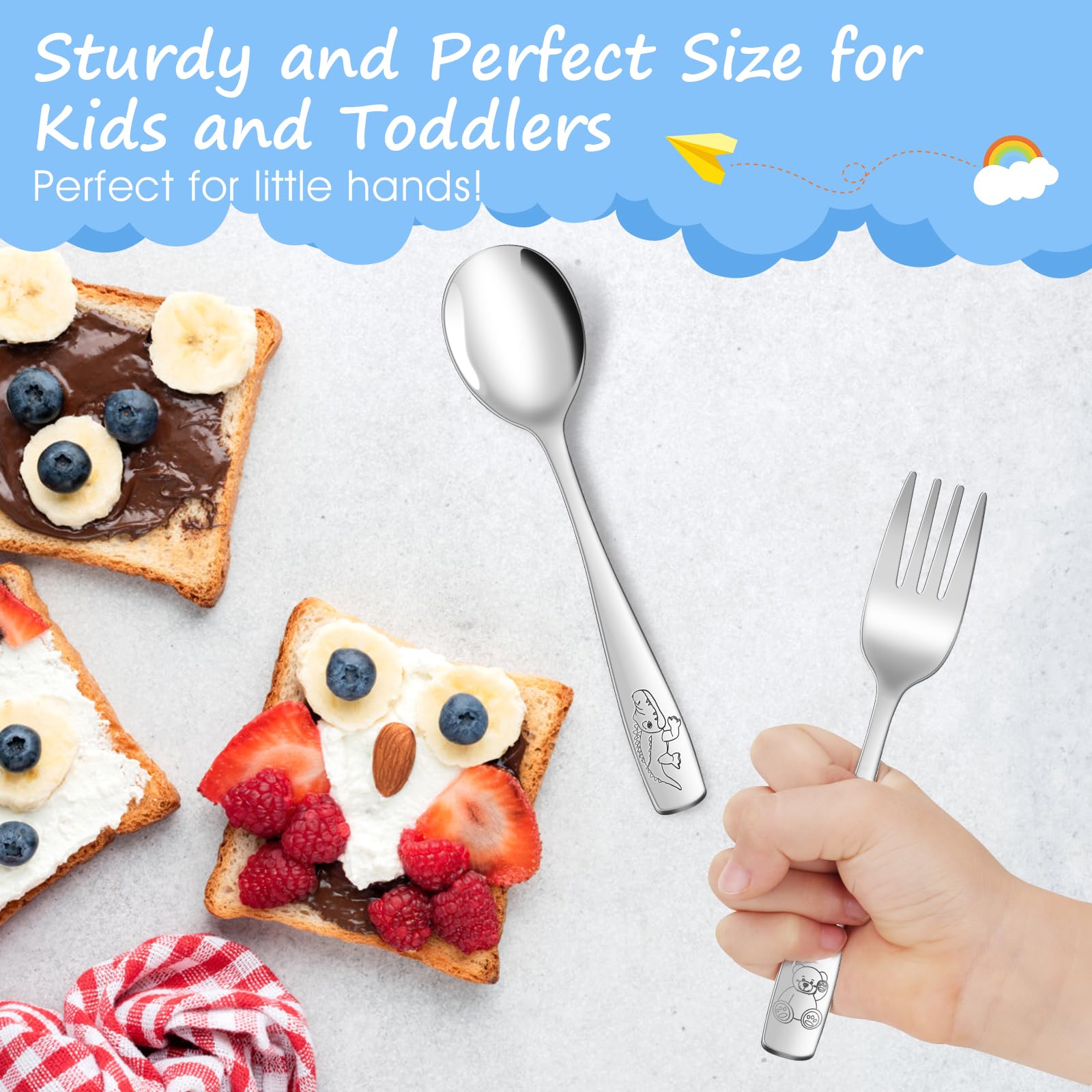 AUOIKK 14-Piece Toddler Flatware, Kids Utensils Stainless Steel Cutlery Set, Children Safe Spoons and Forks with Ergonomic Handle, Easy to use and Dishwasher Safe (Crocodile and Bear)