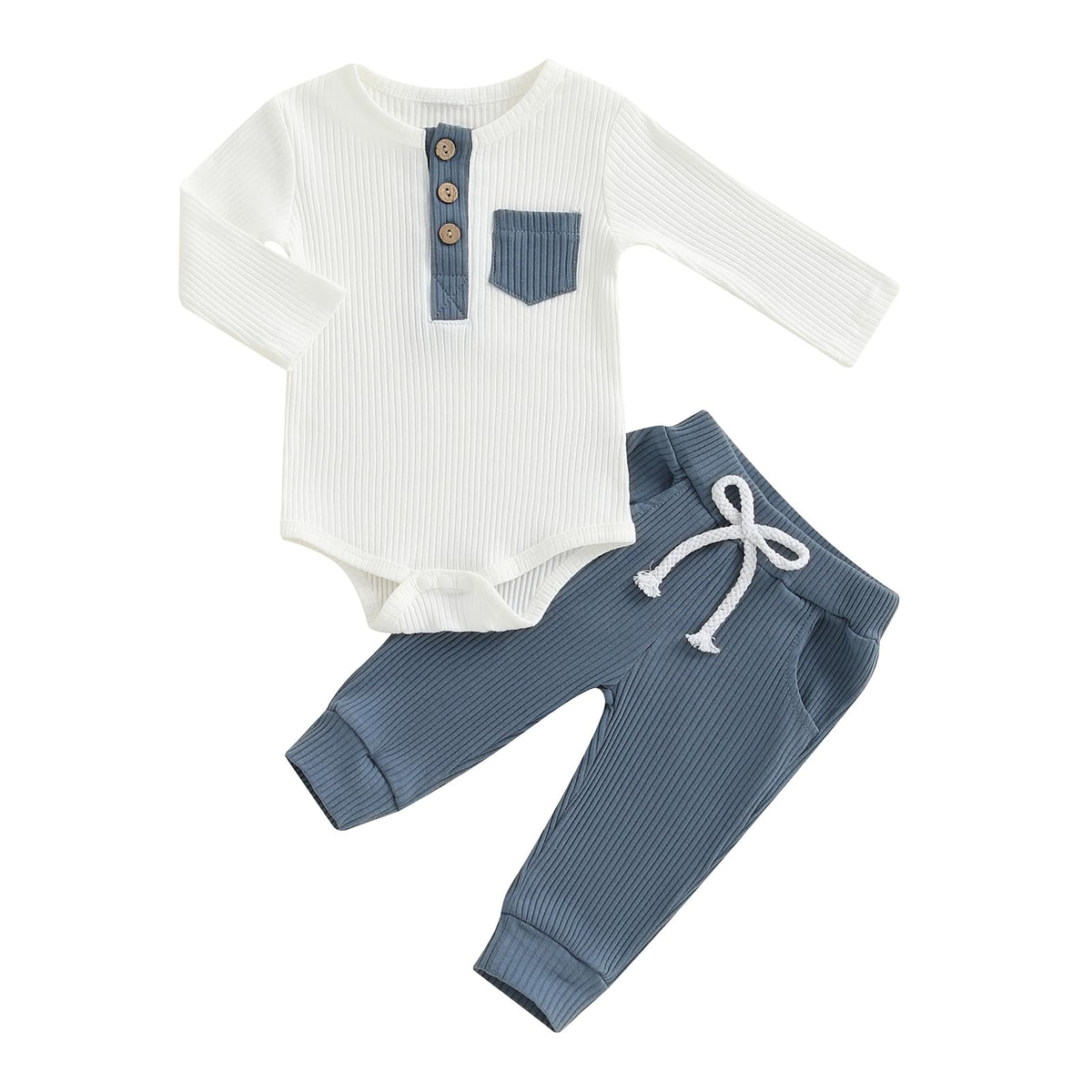 fhutpw Baby Boy Clothes 3 6 12 18 Months Ribbed Knitted Long Sleeve Romper and Pants Sets Newborn Fall Splicing Color Outfits (White&Brown, 3-6 Months)