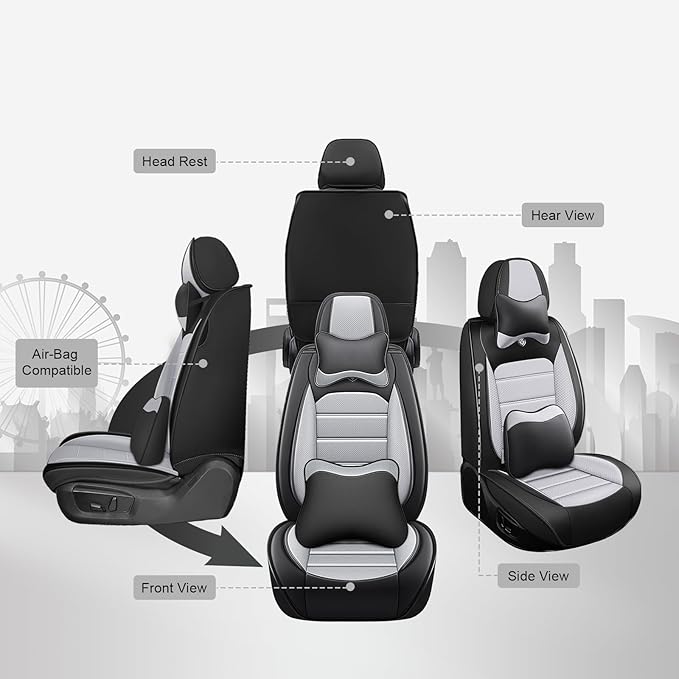 JOJ Fit for Toyota Highlander 2001-2022 Car Seat Covers,7 Seat Car Seat Cover,No-Slip Waterproof Breathable Faux Leather,Full Set with Pillow Steering Wheel Covers,Black Gray