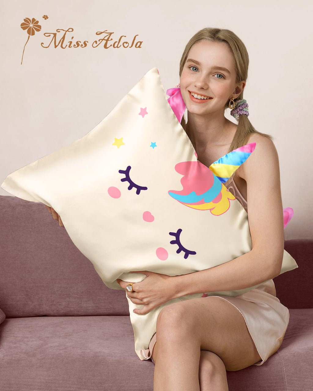 Miss Adola Kids Pillowcases Standard Size 20"x26" - Cute Cartoon Soft Breathable Silk Pillow Cases for Hair and Skin with Hidden Zipper for Girls Fun Kawaii Design for Bedding, White Unicorn
