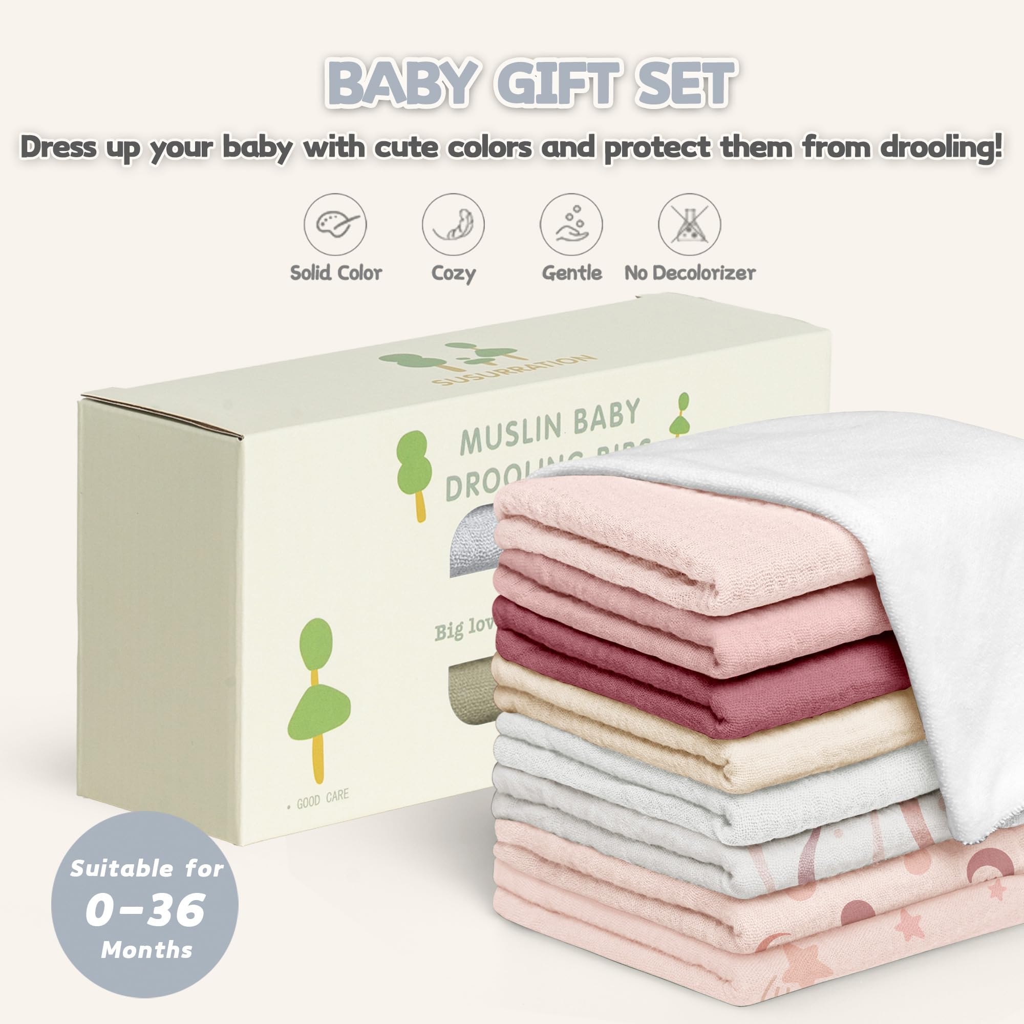 Susurration Muslin Baby Bibs 8 Pack Baby Bandana Drool Bibs,Soft Cotton Drooling and Teething Bibs for Baby Girl & Boy, Soft Square Adjustable Baby Drooling Bibs for Toddler, Newborn,0-36 Months