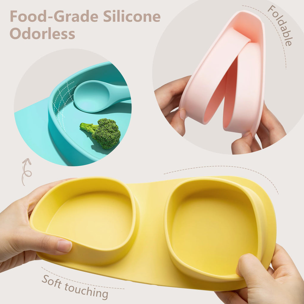 yahaa Silicone Baby Foldable Dinner Plates with Forks and Spoons, Aqua