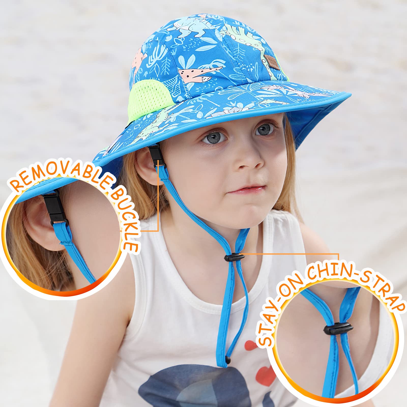 Baby Boy Sun Hat with Neck Flap Chin-Strap Toddler Girl Mesh Bucket Wide Brim Kids Adjustable Summer Beach Cap UPF 50+ (A-Green Dinosaur, L?20.47 -22.04 ?)