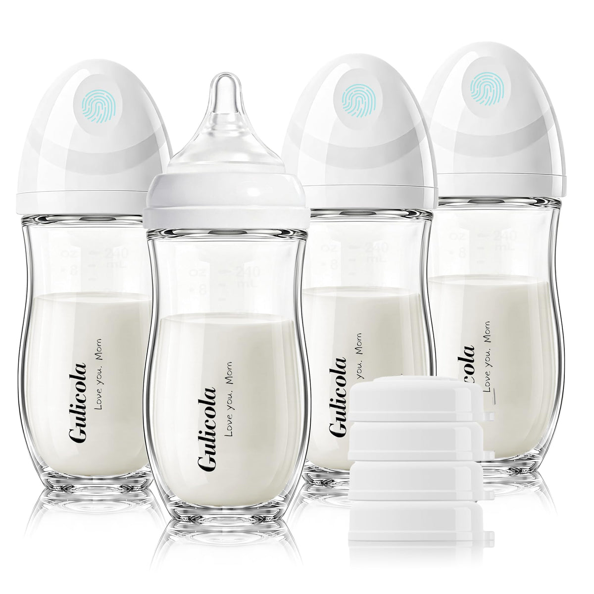 Gulicola Natural Glass Baby Bottle 4 Pack, Newborn Breastfeeding Bottles Set, Extra Slow Flow Nipples (SS), Anti Colic, 0 Months+, 5 oz - Pink