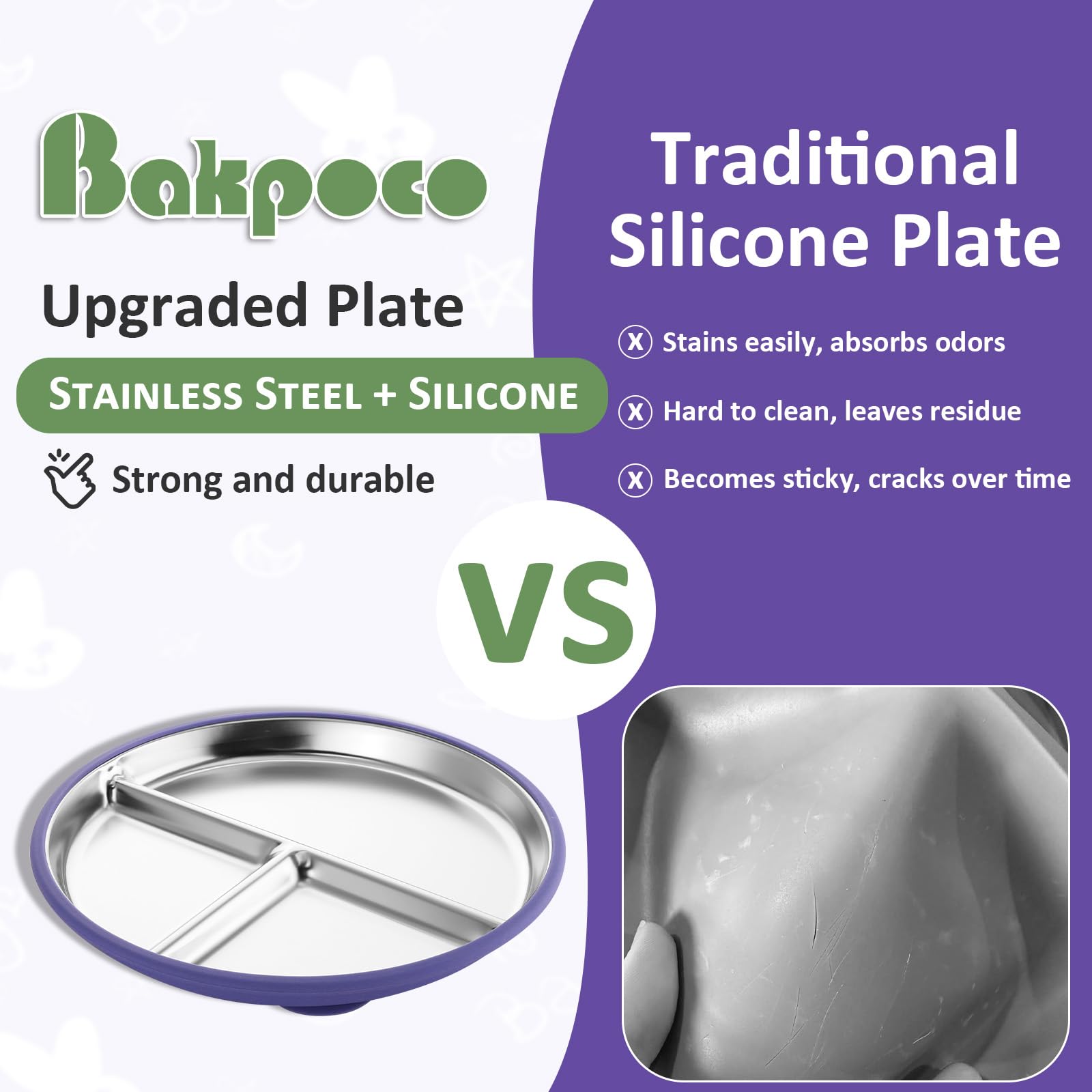 Bakpoco Stainless Steel Suction Plates for Toddlers, 9" Divided Kids Baby Plates with Removable Silicone Suction, Non Toxic Non Slip Portion Control Snack Dishes 4 Packs, Blue Green Purple Beige