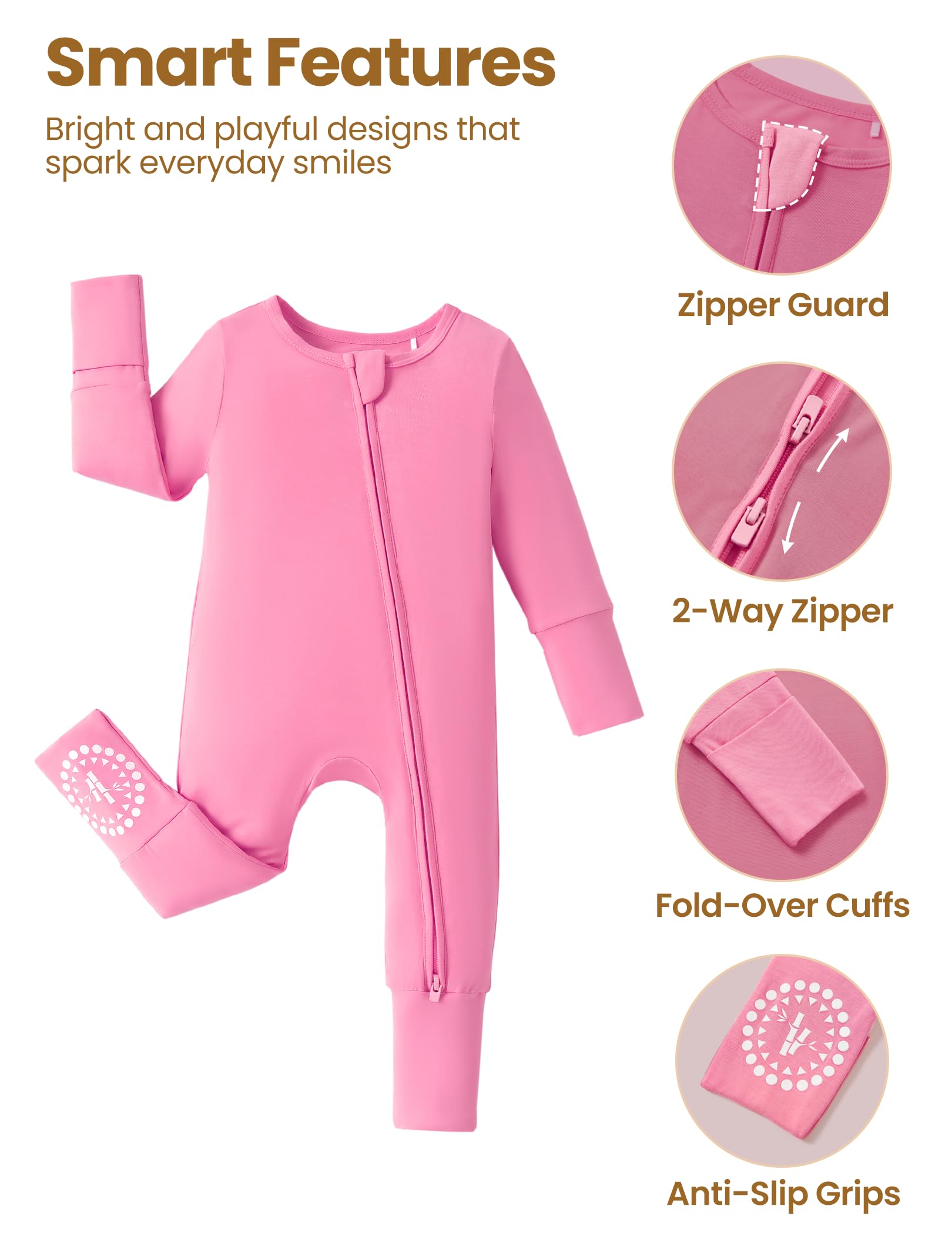 PATPAT Baby Footies Boys Girls - Bamboo Viscose - 2 Way Zipper & Non-Slip Soles Romper Mitten - Footed & Footless Infant Clothes Unisex Jumpsuit 2 Pack Raspberry/Flower/Sun 9-12 Months Beige/Pink