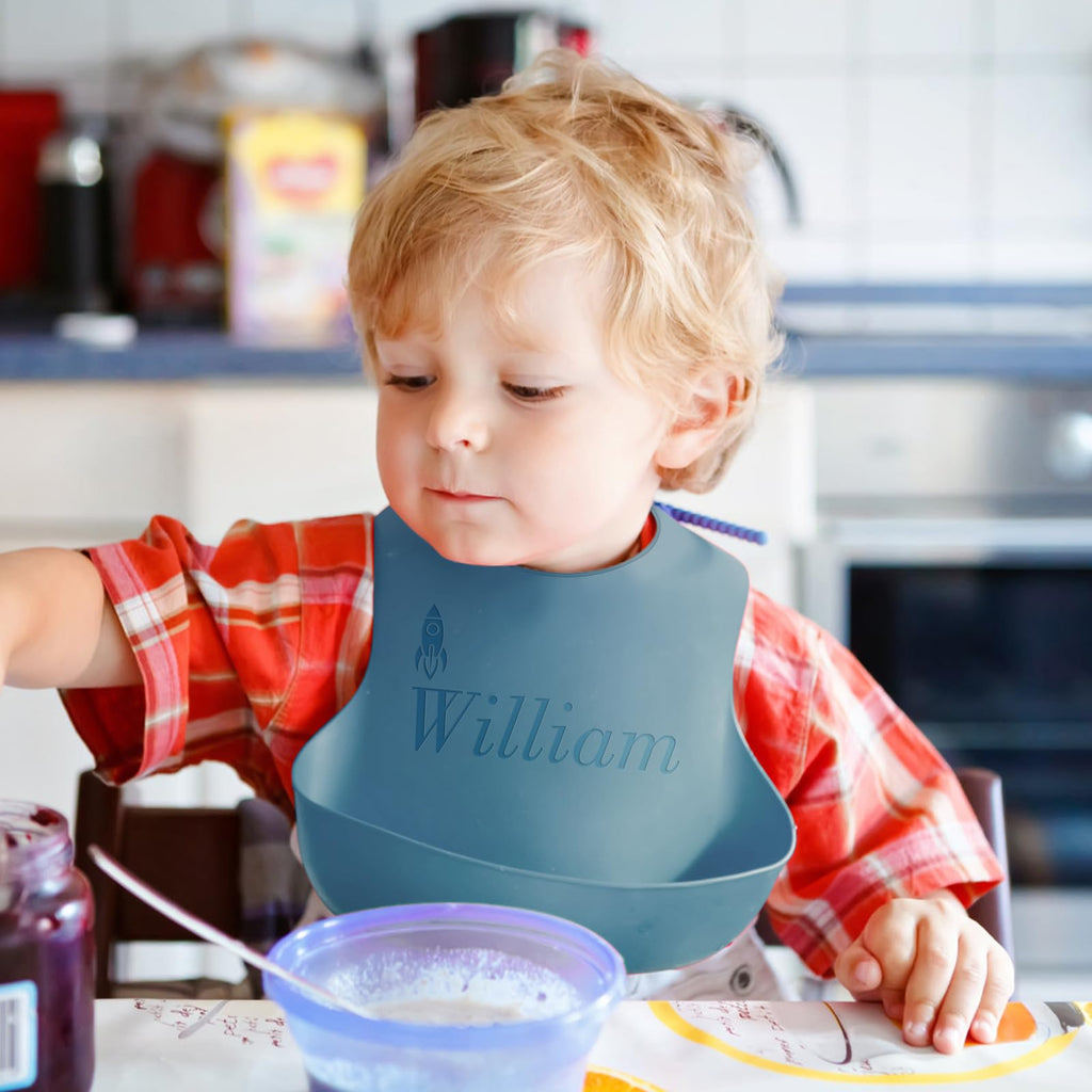 SRdrew Personalized Silicone Bibs Bowl Spoon and Fork Set Custom Engraved Name Icon Toddler Bibs Durable Adjustable for Baby Boy & Girl