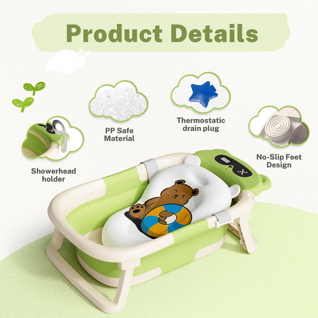 AVIDOR Baby Bathtub,Collapsible Bathtub for Newborn to Toddler,Durable Essential Infant Bath Tub,Portable Travel Baby Tub with Soft Cushion,No-Slip Hanging and Detachable(Green)