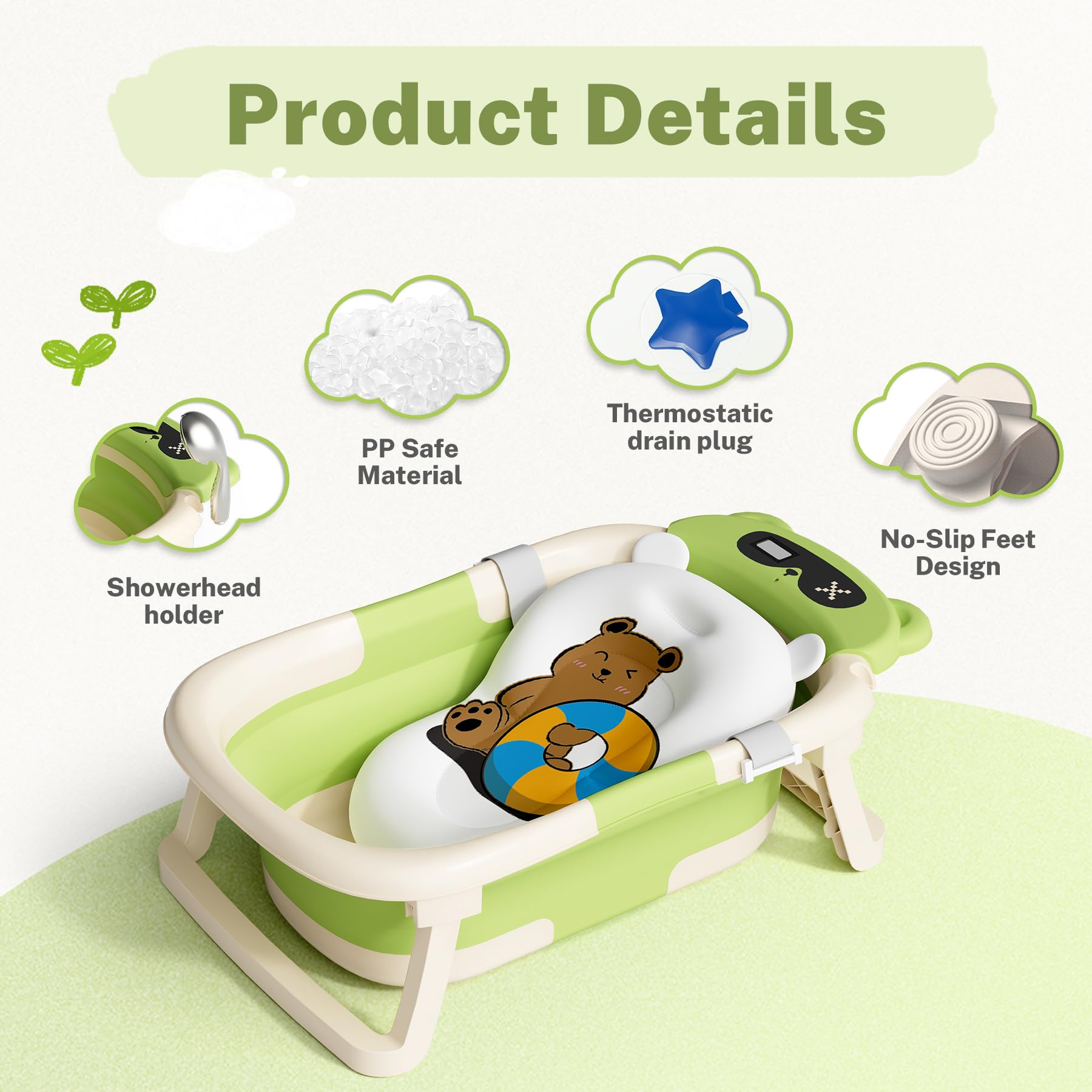 AVIDOR Baby Bathtub,Collapsible Bathtub for Newborn to Toddler,Durable Essential Infant Bath Tub,Portable Travel Baby Tub with Soft Cushion,No-Slip Hanging and Detachable(Green)
