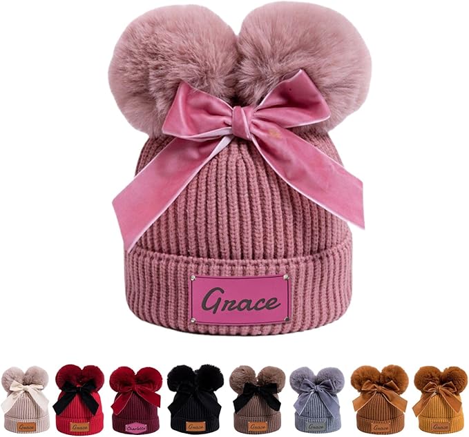 Personalized Toddler Beanie Hat with Bow - Custom Winter Pom Pom Beanies - Leater Patch Baby Warm Knit Hats
