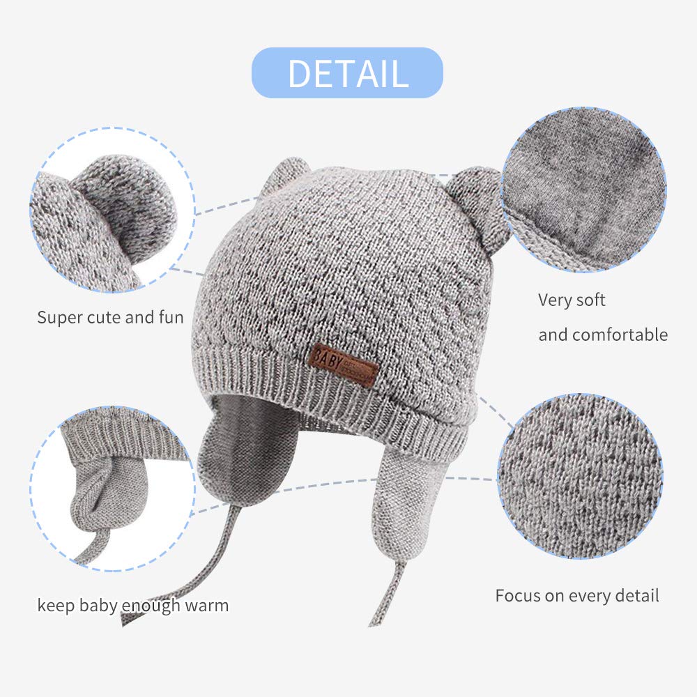 BAVST Baby Beanie Hat for Winter with Earfalp Cute Bear Kids Toddler Girls Boys Warm Knit Cap 0-2Years