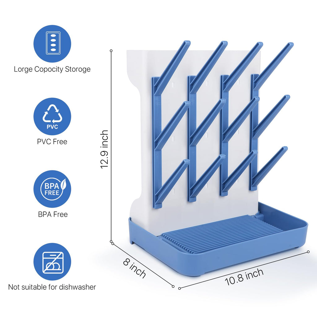 Baby Bottle Drying Rack with Drain Board, Vertical Space Saving Bottle Dryer Holder for Countertop, Large Capacity Organizer Stand for Glass Bottles, Pump Parts, Pacifiers, Cups & Accessories (Blue)