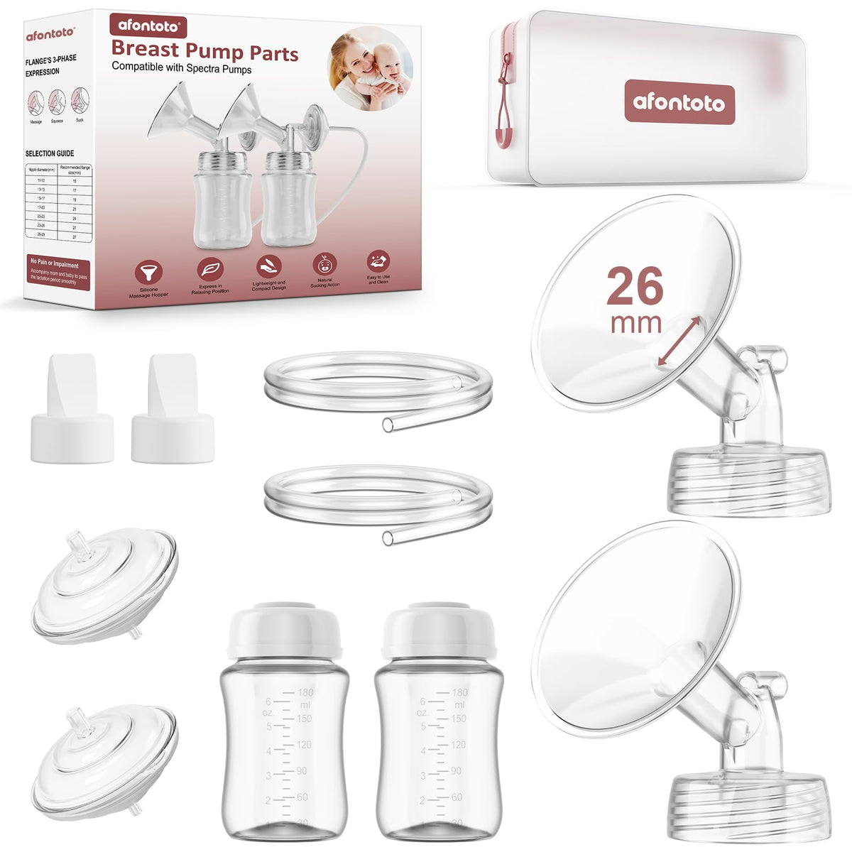 Pump Parts Compatible with Spectra S1/S2/9Plus/SG Breastpump, Full Set Replacement Parts for Spectra Include 21mm Flange,Duckbill Valve,Backflow Protector,Tube,Bottle, Not Original S1/S2 Accessories