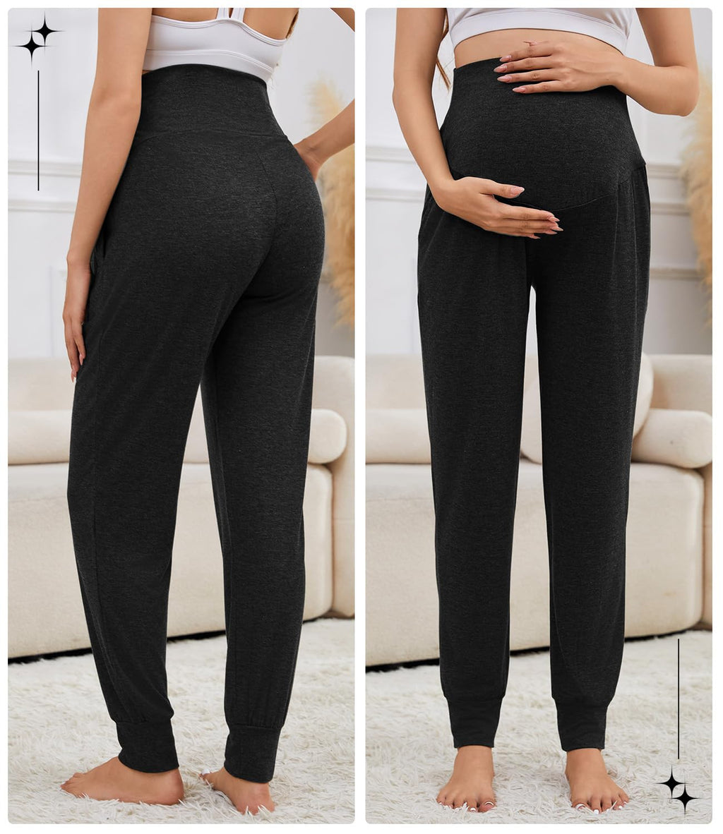 Tjukufpa 3 Pack Women's Maternity Sweatpants Over The Belly Pregnancy Jogger Pants Stretchy Maternity Pants with Pockets