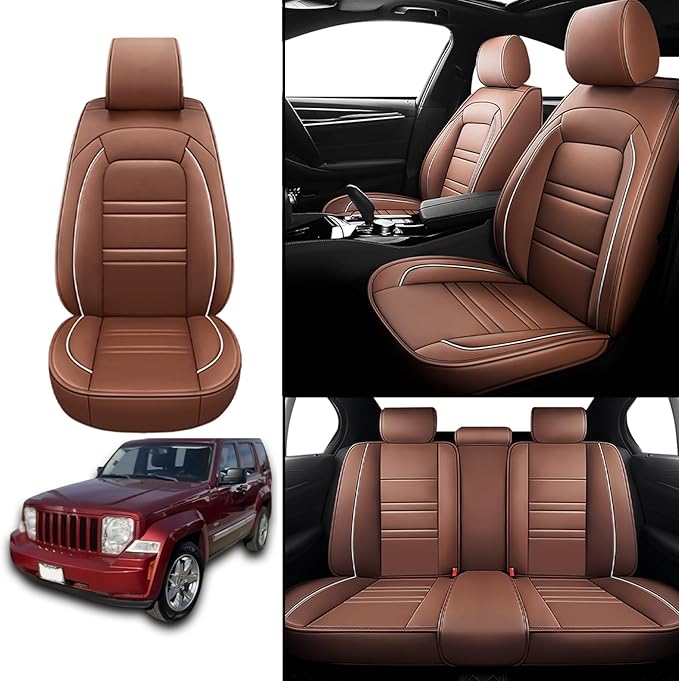 Seat Covers for JP Liberty 2002-2012 | 5-Seats Leather Seat Covers, Easy to Install Automotive Seat Covers Full Set (Full Set, Coffee)