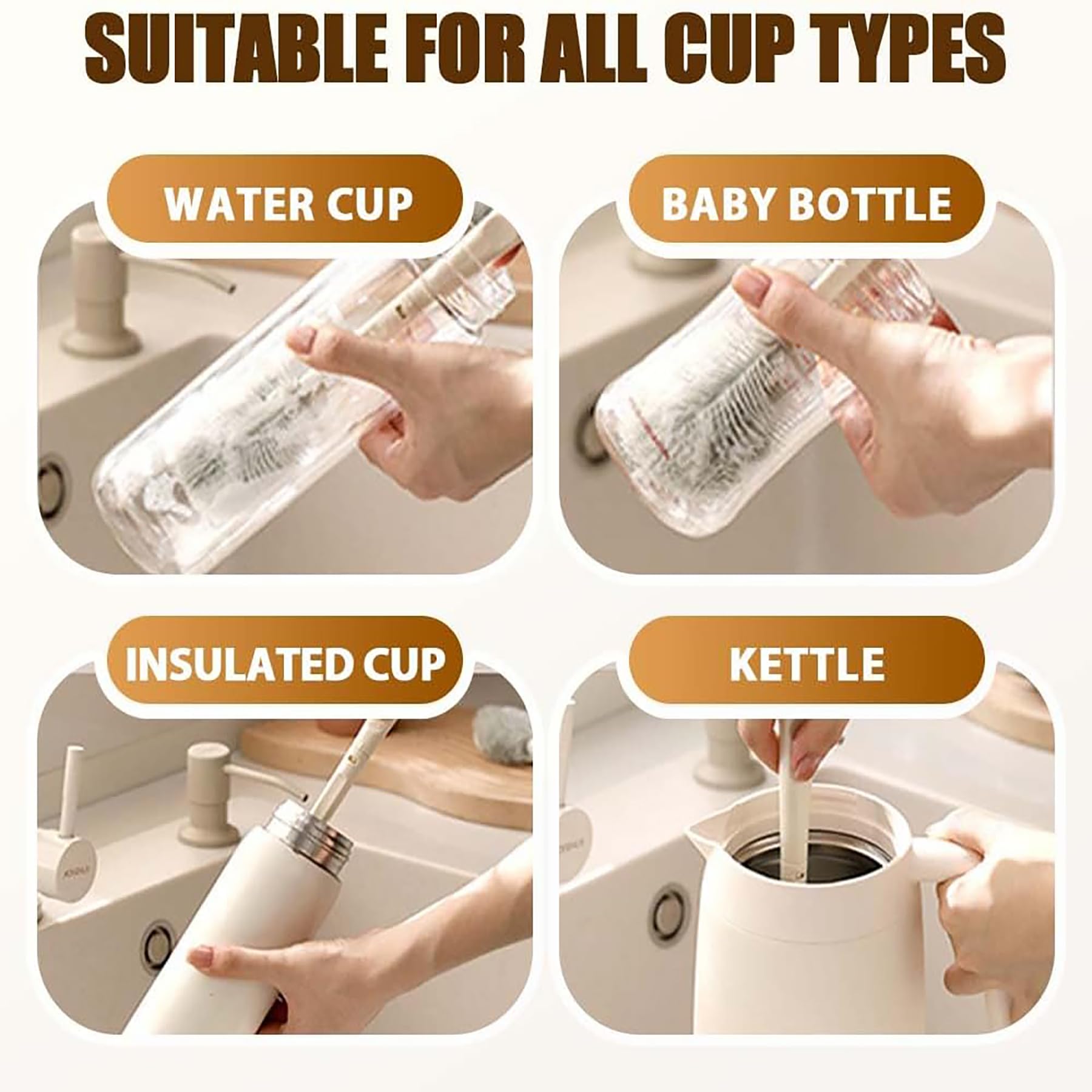 3Pcs 360° Flexible Silicone Bottle Brush with Long Handle Multifunction Flexible, Deep Cleaning for Narrow Neck Bottles, Baby Bottles, Water Bottles (White)