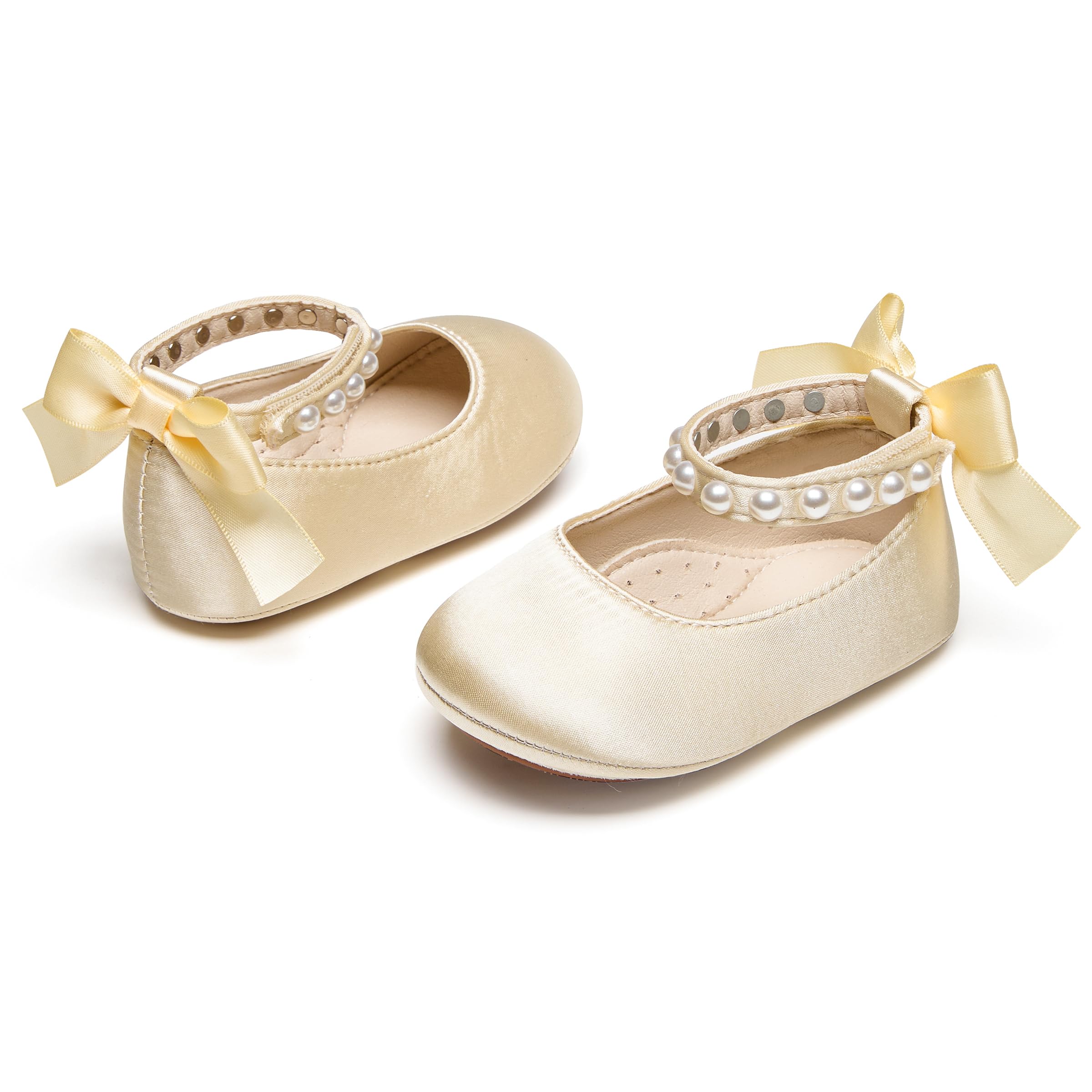 PHIRAMIN Baby Girls Satin Gold Mary Jane Flats - Infant 12-18 Months Walking Shoes Soft Rubber Sole Princess Wedding