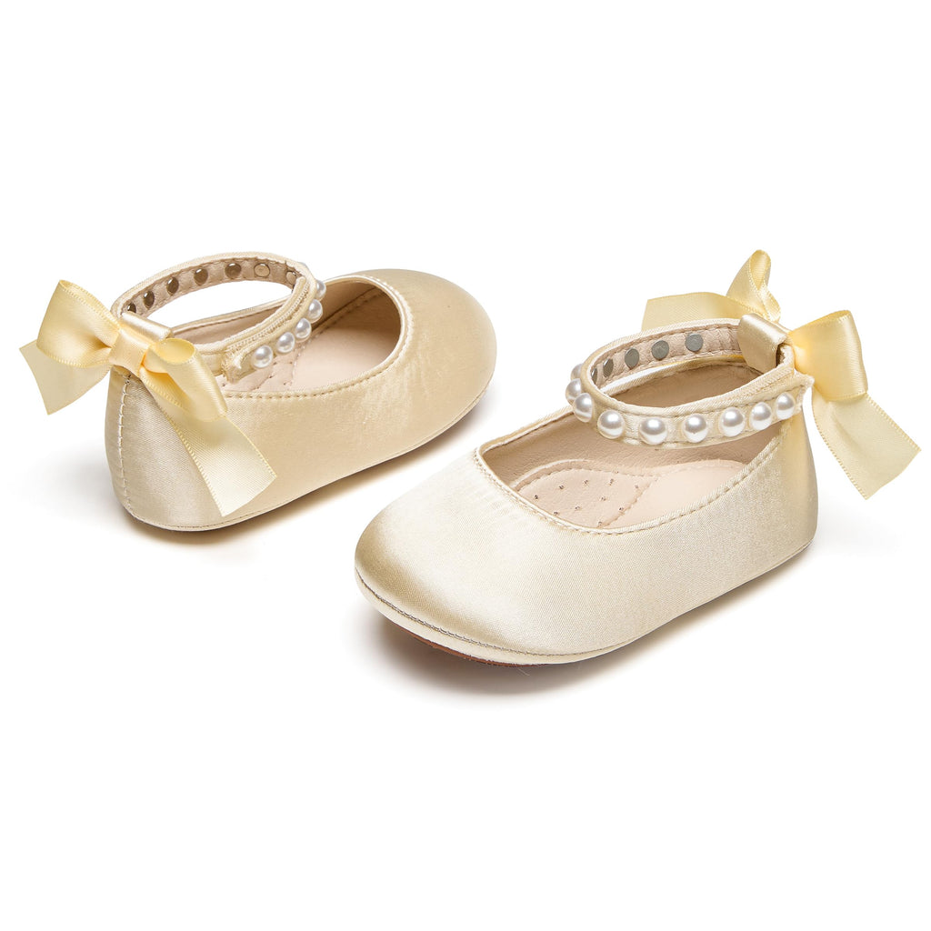 PHIRAMIN Baby Girls Satin Gold Mary Jane Flats - Infant 6-9 Months Walking Shoes Soft Rubber Sole Princess Wedding
