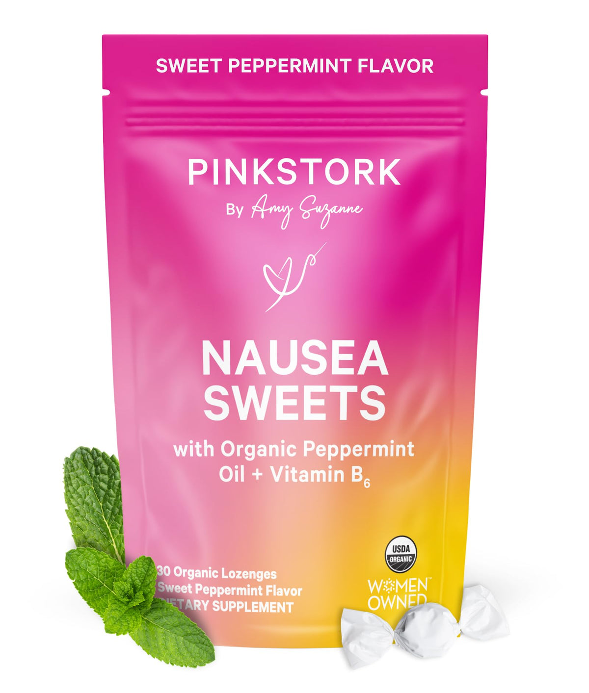 Pink Stork Organic Peppermint Sweets, Morning + Motion Sickness, 30 Ct