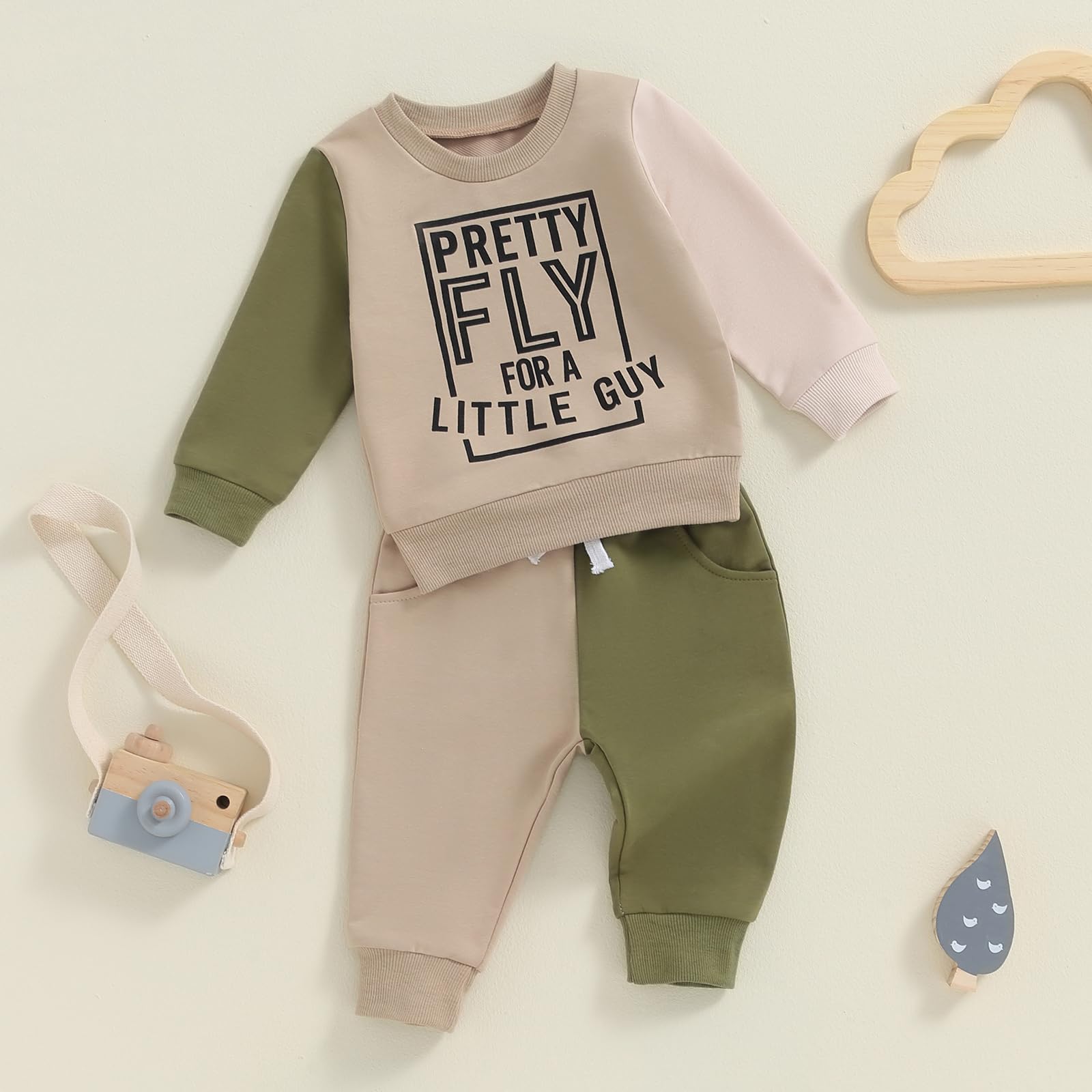 Toddler Baby Boy Fall Winter Outfit Long Sleeve Letter Print Sweatshirts and Jogger Pants Infant Boy Clothes (Pretty Guy Khaki, 0-6 Months)
