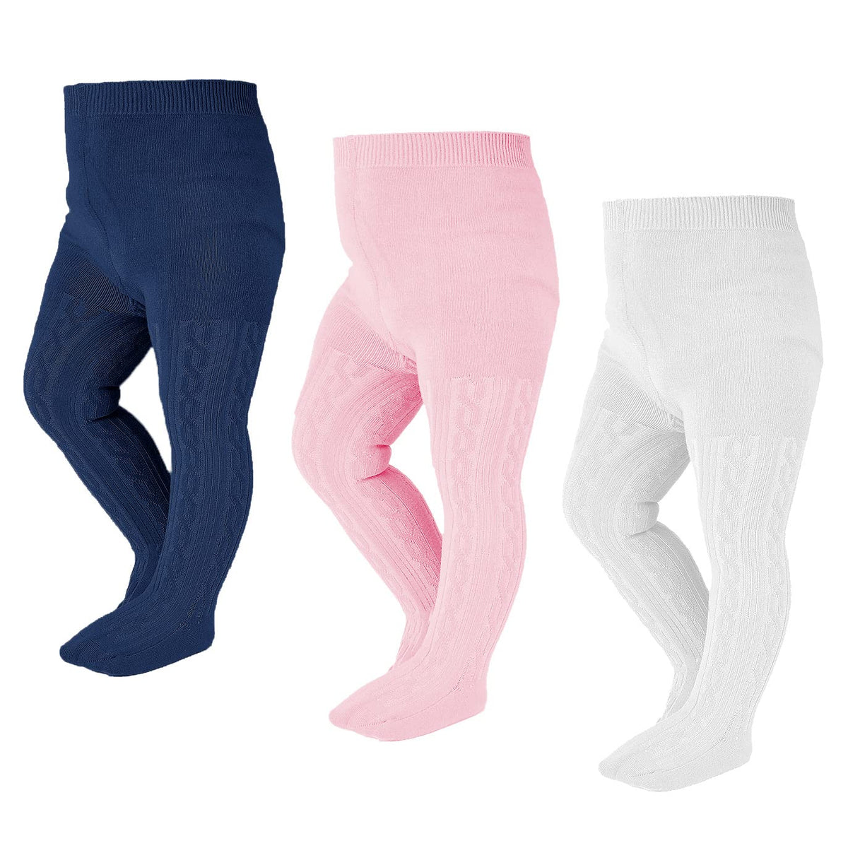 EPEIUS Toddler Tights Thick Seamless Cable Knit Leggings Baby Girl Boy Solid Cotton Stockings Footed Pants 12-24 Months,Black/White/Light Grey (Pack of 3)
