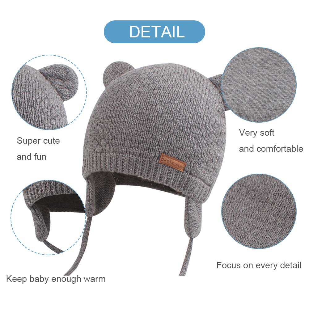 BAVST Baby Beanie Hat for Winter with Earfalp Cute Bear Kids Toddler Girls Boys Warm Knit Cap 0-2Years(Bear Ear- Light Grey,S)
