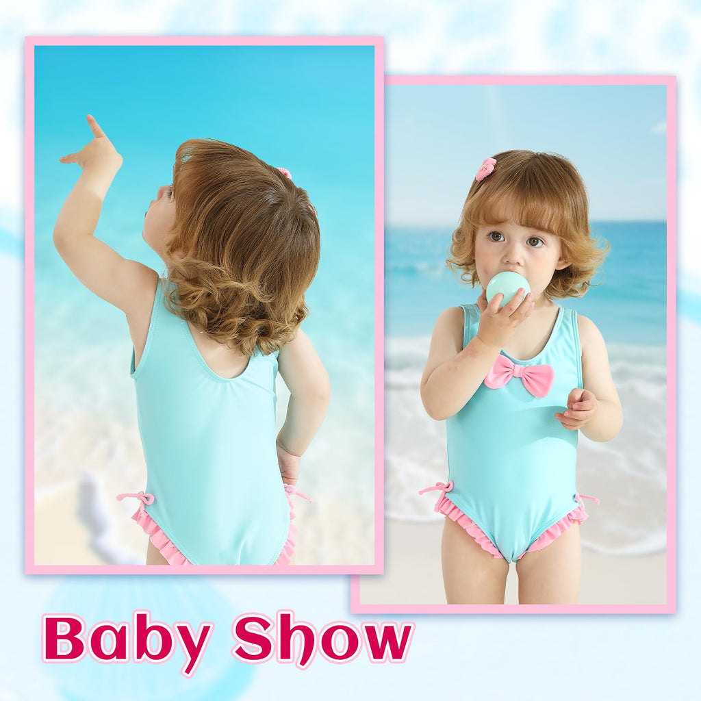 YOUNGER TREE Toddler Swimsuit Girl Cute Stripe One-Piece Ruffle Swimwear Baby Girl Bathing Suits with Bow(4-5T,Blue and Pink Bow)