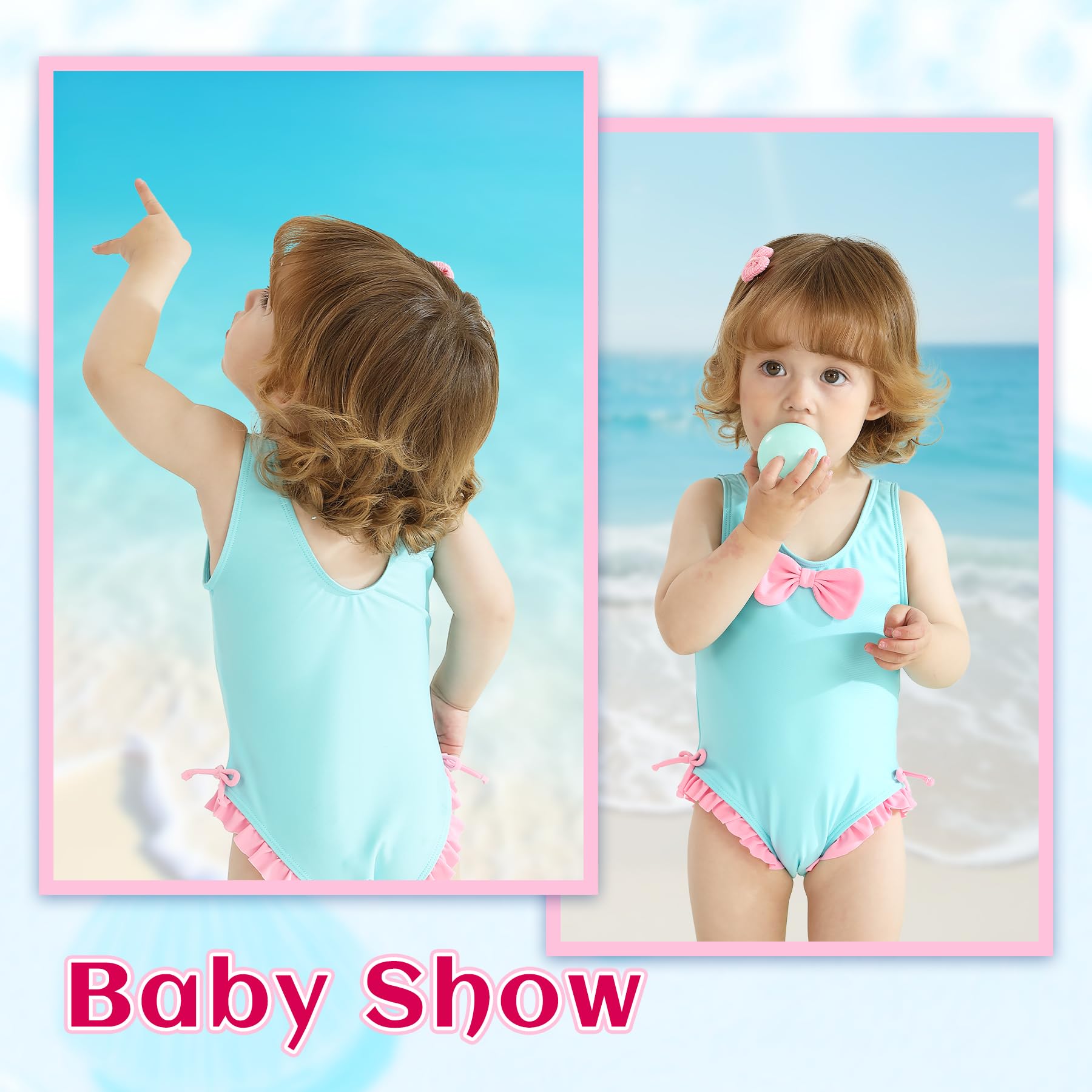 YOUNGER TREE Toddler Swimsuit Girl Cute Stripe One-Piece Ruffle Swimwear Baby Girl Bathing Suits with Bow(9-12 Months,Blue and Pink Bow)