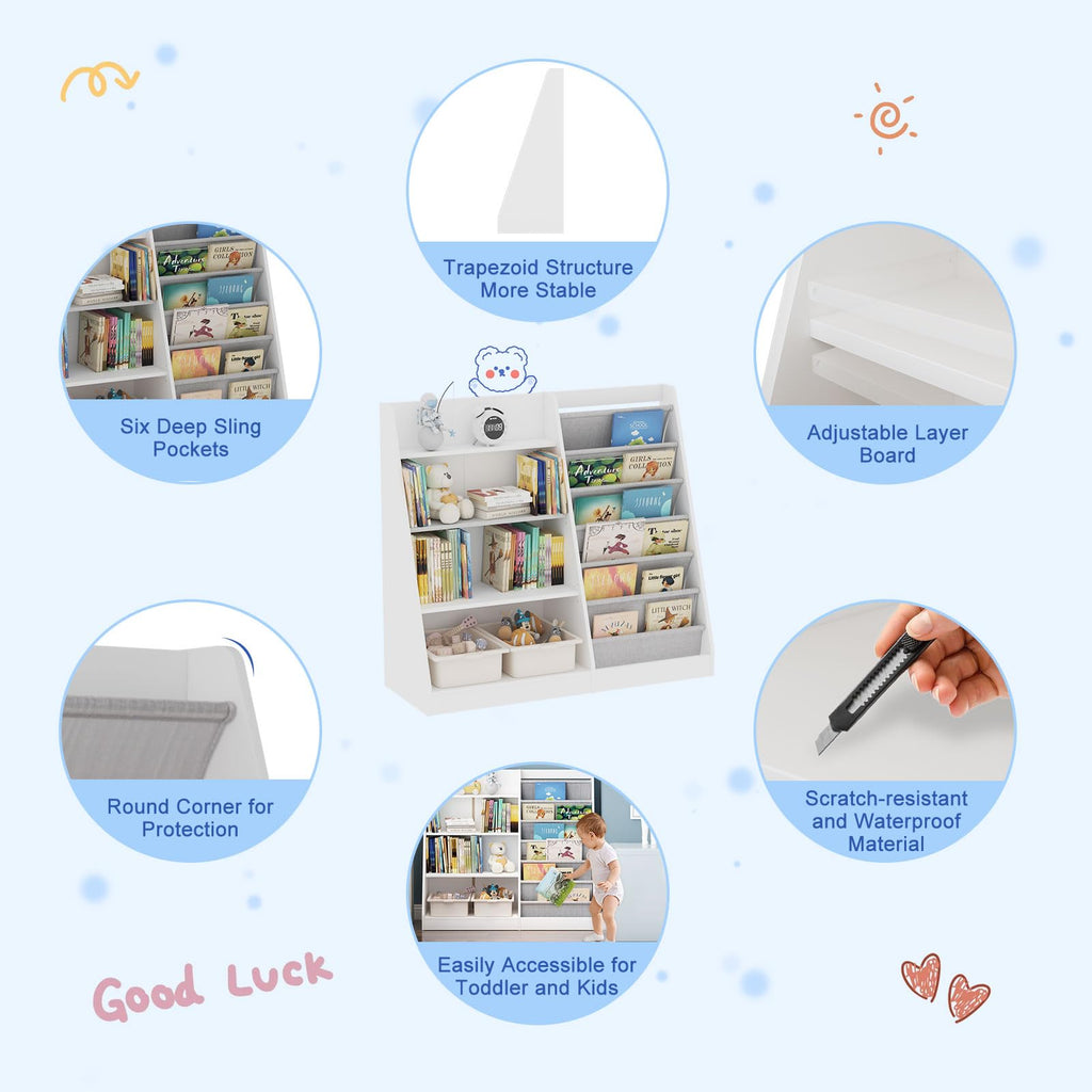 HedoAjim White Kids Bookshelf Wood Toy Storage Organizer Cabinet Children Bookcase Toddler Baby Sling Book Rack Adjustable Shelf for Playroom Bedroom Nursery Hallway School Kindergarten