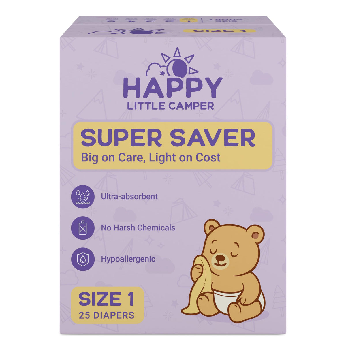 Happy Little Camper Super Saver Diapers, Size 1, 100 Count | Budget-Friendly Disposable Diapers for Sensitive Skin | Hypoallergenic, Fragrance-Free, Ultra Absorbent